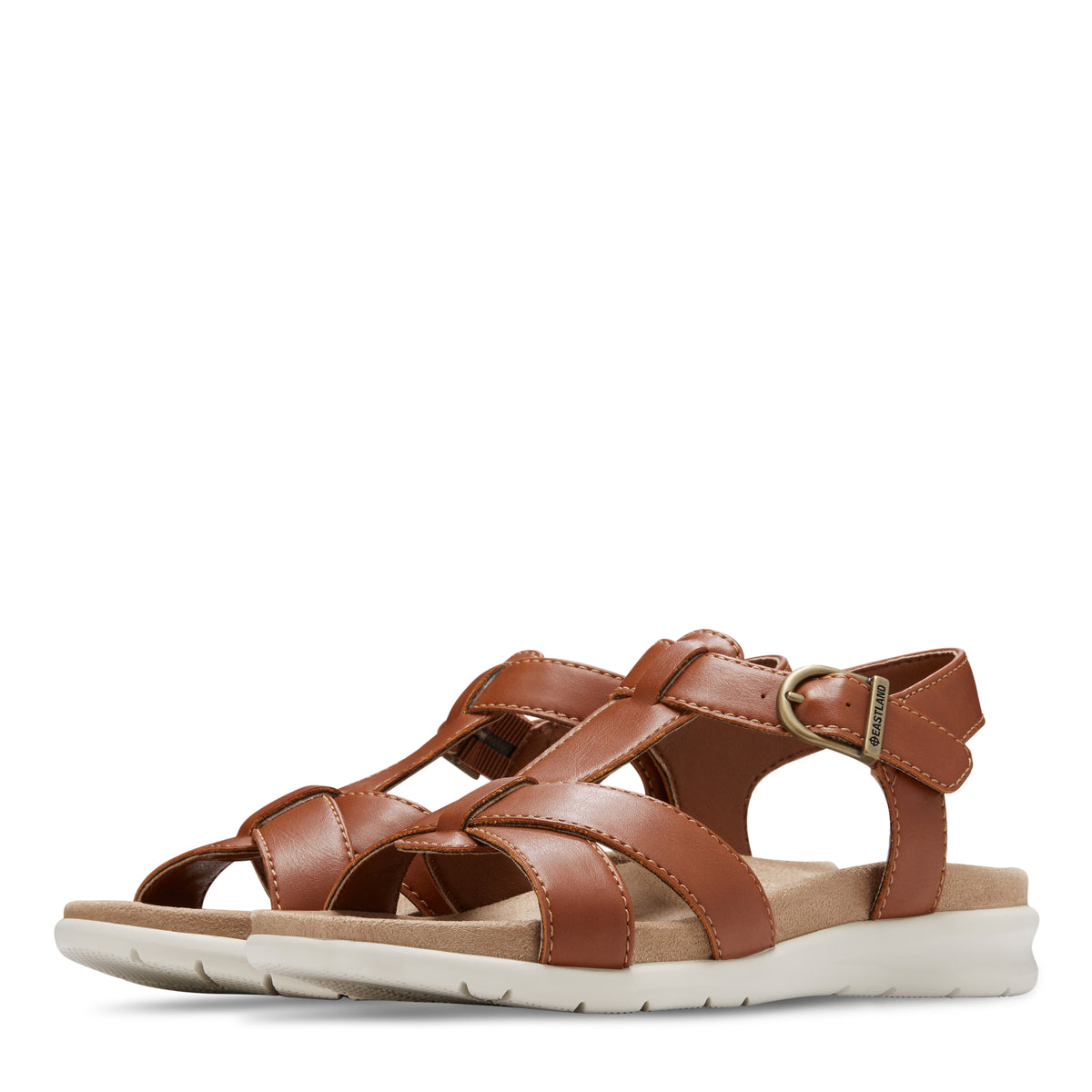 Women's Kayla Strap Buckle Slide in Tan, angled side view with buckle closure