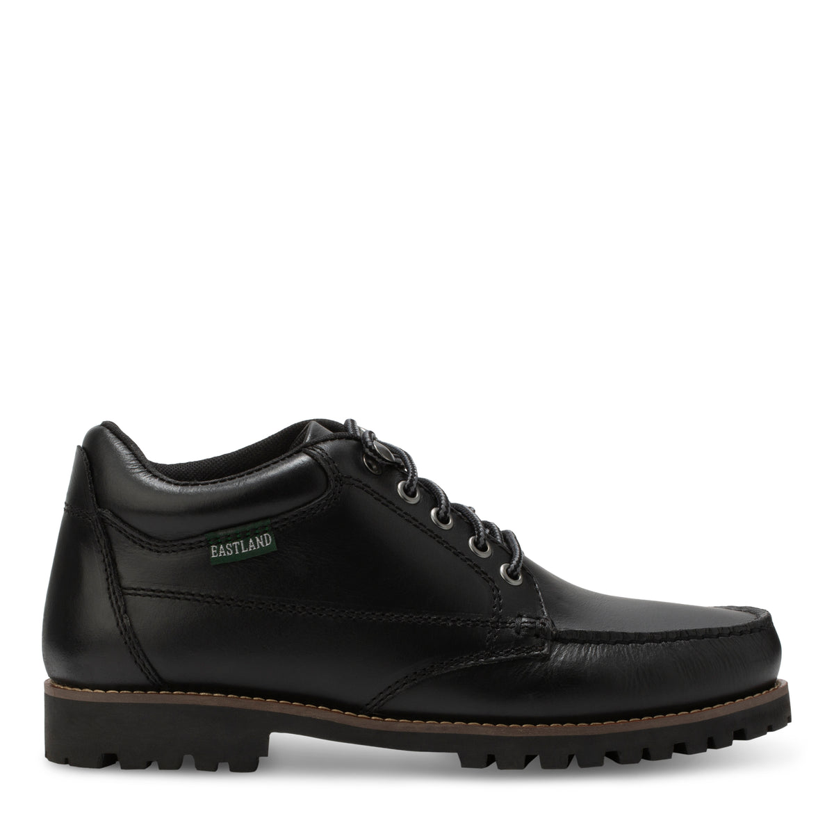 Brooklyn, a black leather lace-up boot with a rugged lug sole, featuring a small green EASTLAND brand tag on the side, shown against a plain white background.
