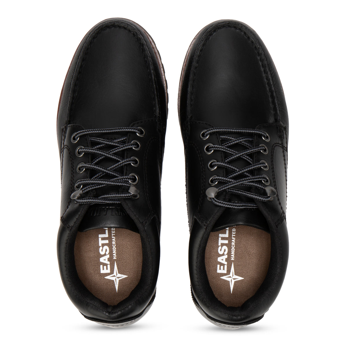 Men's Brooklyn boot in Black, pair from above with tan Eastland-branded insoles