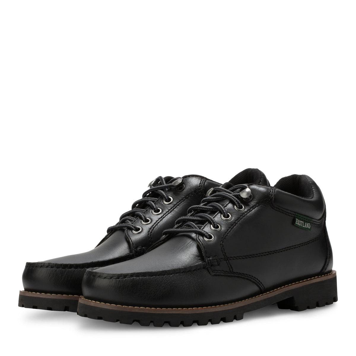 Men's Brooklyn boots in Black, angled side view of pair with lug soles