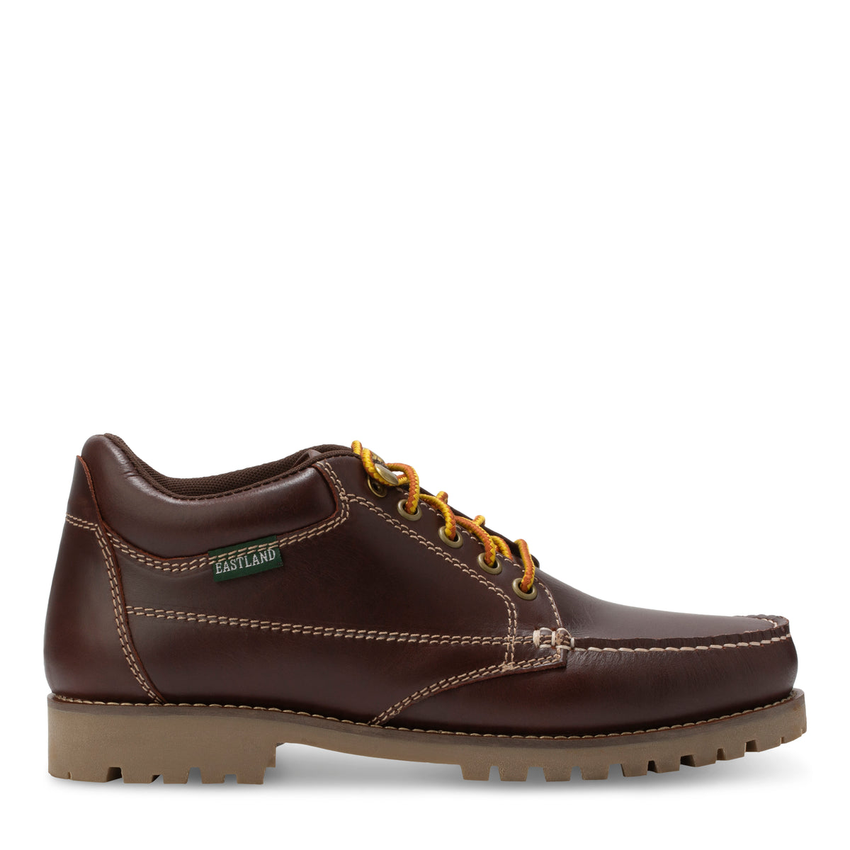 Men's Brooklyn boot in Burgundy, side view with taslan yellow and tan laces