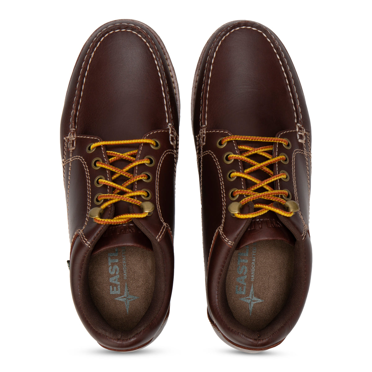 Men's Brooklyn boot in Burgundy, pair from above with tan Eastland-branded insoles and taslan yellow and tan laces