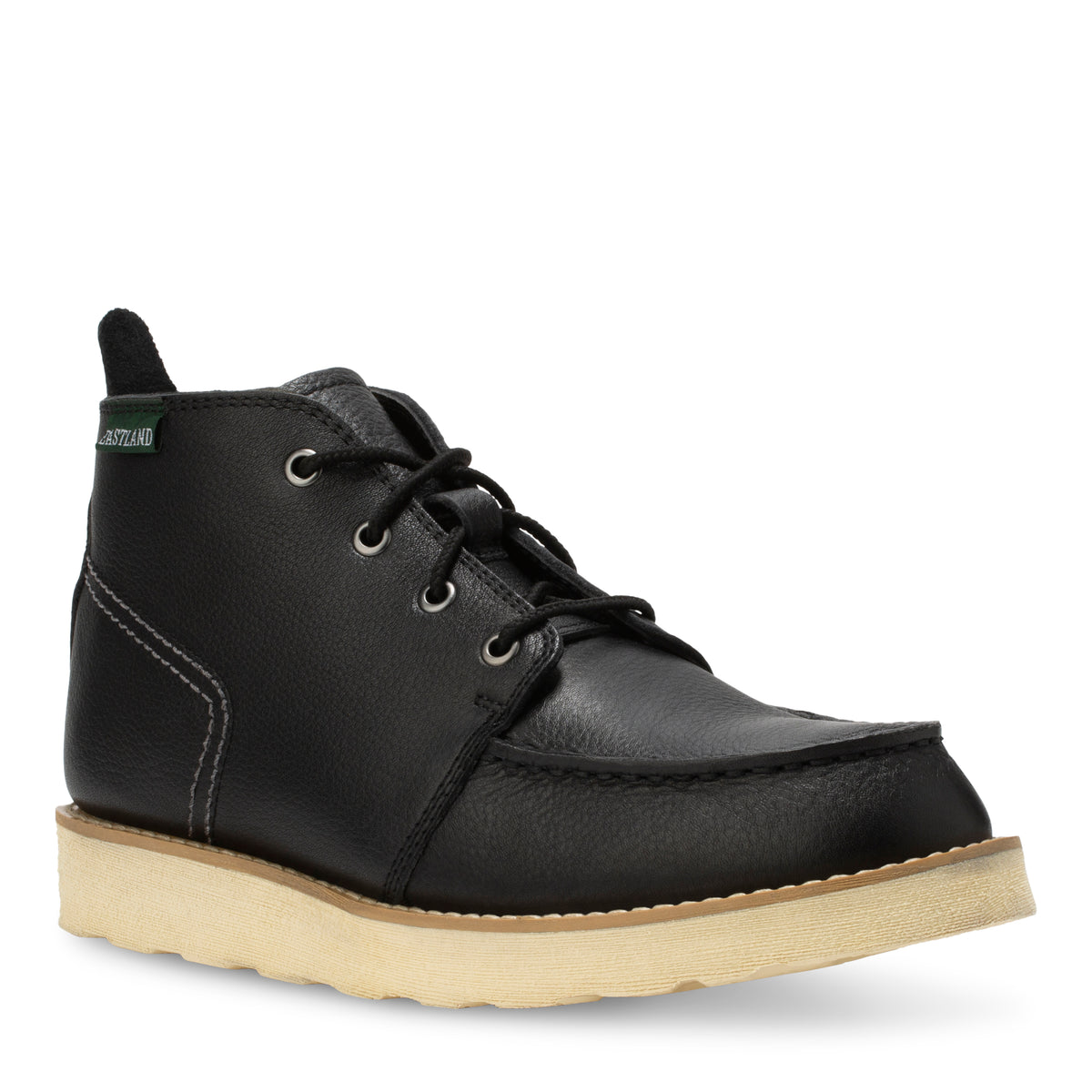 Men's Woodland moc toe boot in Black, angled side view