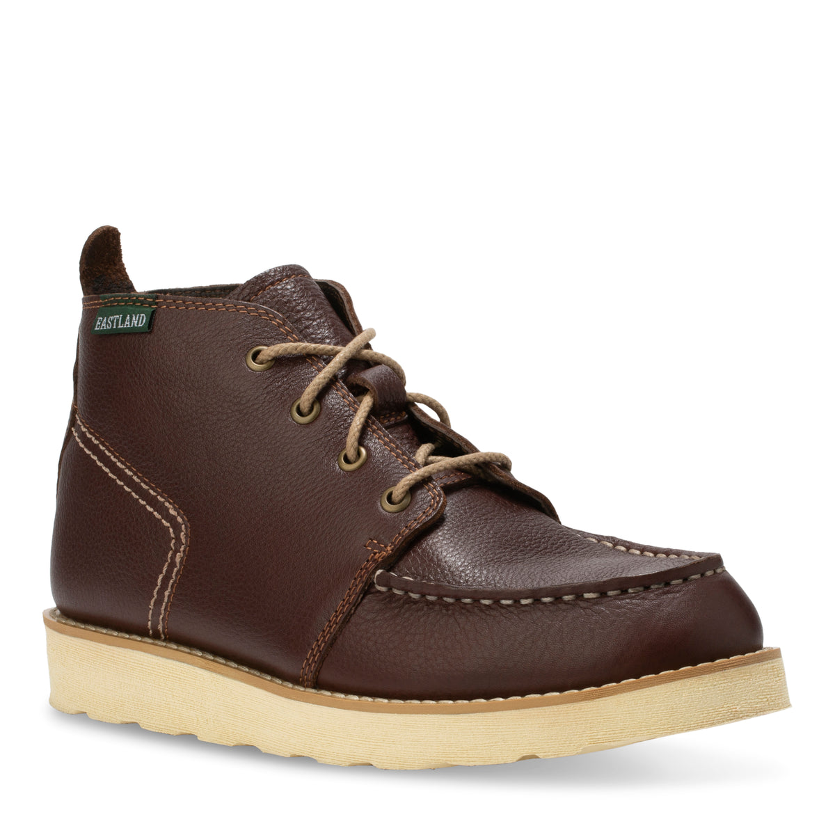 Men's Woodland moc toe boot in Brown, angled side view