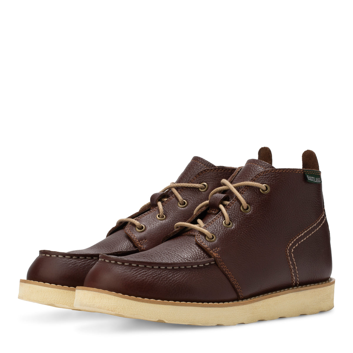 Men's Woodland moc toe boot in Brown, angled side view of pair 
