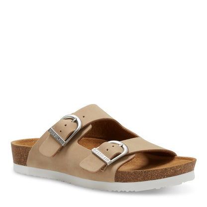 Women's Cambridge Double Strap Slide Sandal in Light Grey, angled side view with silver buckles
